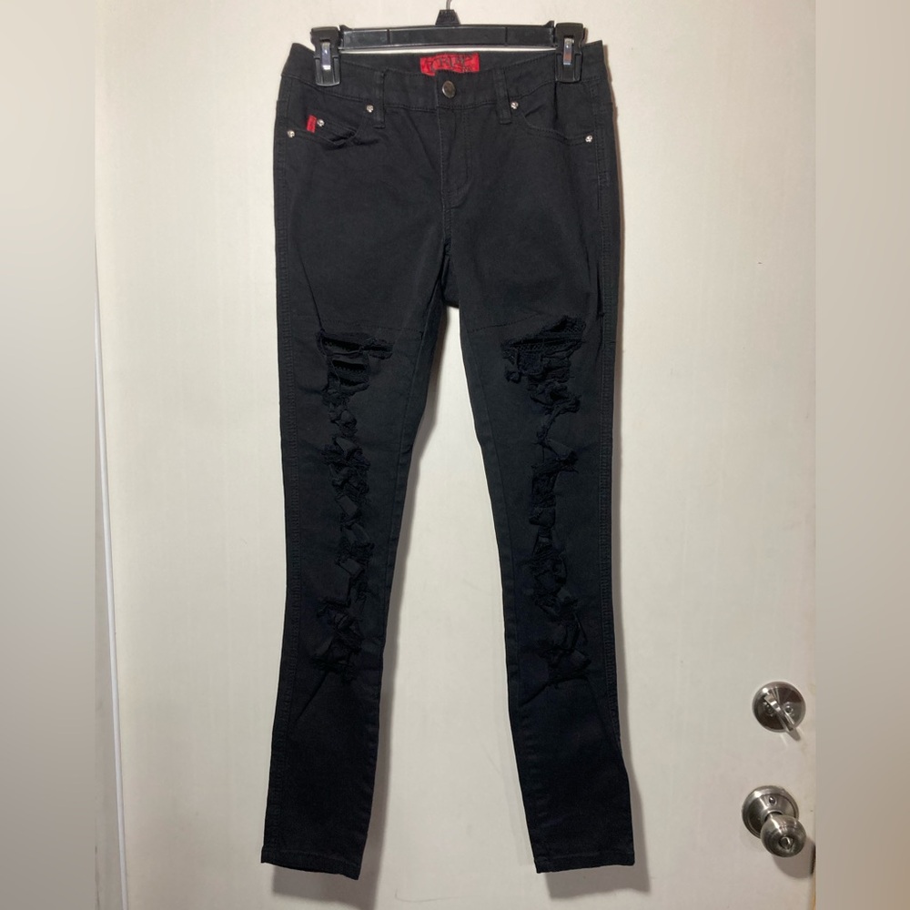 Tripp NYC Tear It Up Fishnet Ripped Black Skinny Jeans Skulls Pockets Size 5